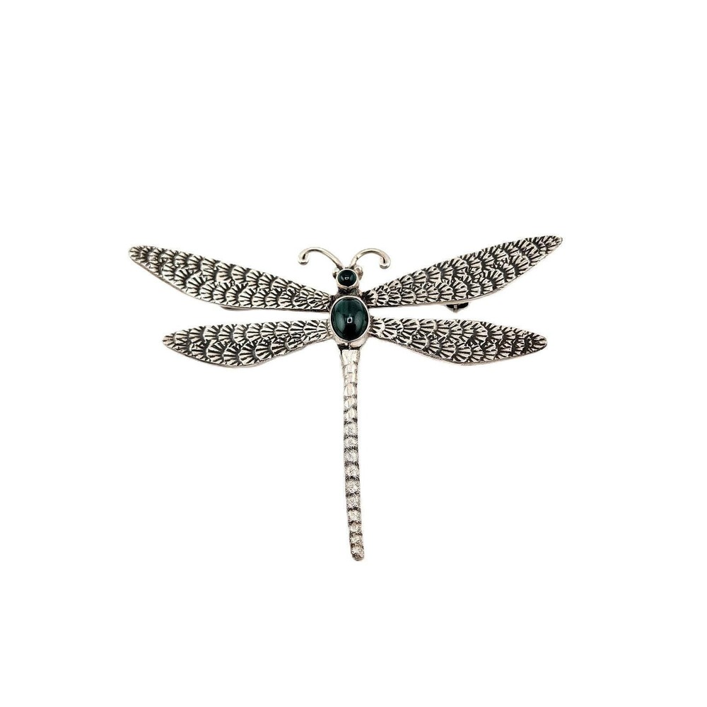 LC Sterling Silver Malachite Dragonfly Brooch Vintage Style Textured Wings Pin